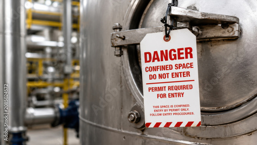 Danger confined space entry permit tag hanging on industrial tank access hatch with red warning text, blurred facility background
