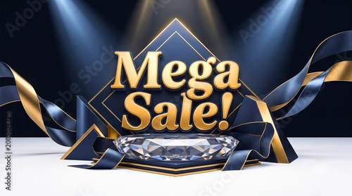 Artwork showing Mega Sale text in shiny gold letters, spotlight stage, faceted diamond, geometric gold shapes, and decorative blue ribbons