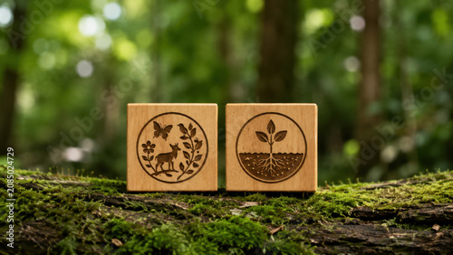 Wooden cube biodiversity soil restoration moss log forest sustainability daylight engraved symbol background with green bokeh natural block photo for ecology conservation concept