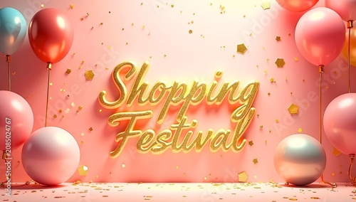 Artwork showing Shopping Festival text in shiny gold glitter letters, pink gradient background, balloons, confetti, and star pieces