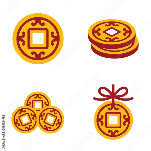 Chinese lucky coins with square holes and traditional patterns, symbol of wealth and prosperity, isolated on white