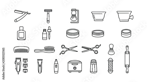 Tableau sur toile Barbershop tools and grooming accessories vector icon set, professional shaving