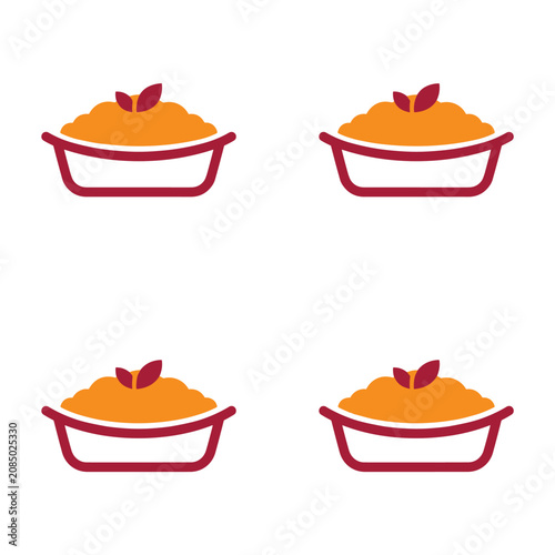 Four identical simplified illustrations of baked pies with orange filling and red crusts, topped with a small leaf, representing a food pattern or dessert icons on a white background