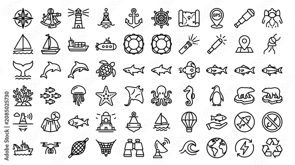 Fototapeta premium Maritime and nautical icons grid features a wide collection of sea life, navigation tools, and coastal structures arranged in a detailed monochrome line art pattern for travel and environment.