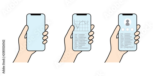 Foto スマートフォンを左手で持つ様子と画面表示のイラストセット