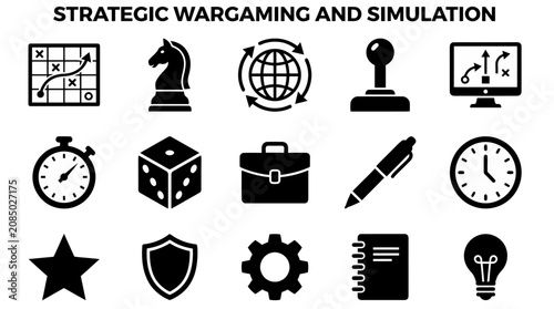 A grid of 15 black icons on a white background representing strategic wargaming and simulation concepts