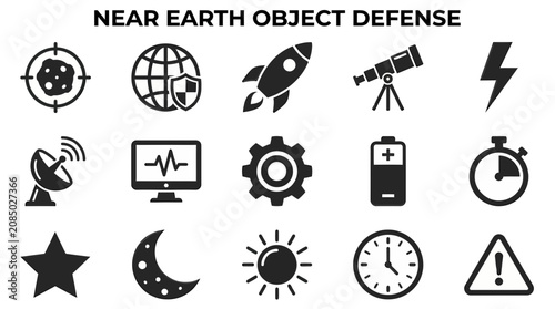Photography A grid of fifteen black icons on a white background representing Near Earth Obje