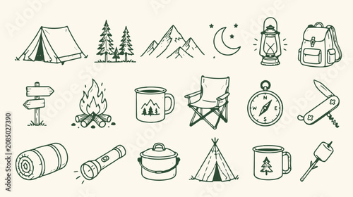 Collection of handdrawn camping and outdoor adventure illustrations isolated on a light background