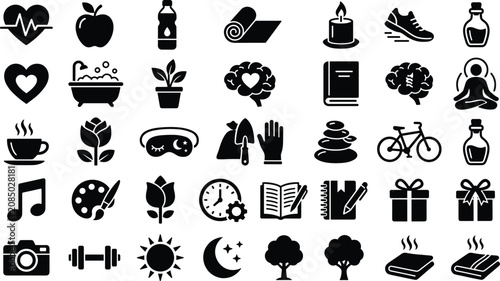 Schilderij op canvas Array of black icons depicting activities for a holistic approach to well being