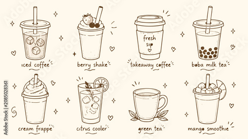 Fotografía Eight different types of cold and hot beverages in cups and glasses  various dri
