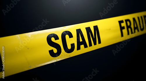 Close up of yellow scam fraud tape on black background with set against dark background fraud written security warning illegal caution message