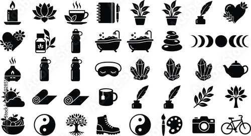 Принти на полотні Variety of black icons representing elements of a healthy and balanced lifestyle