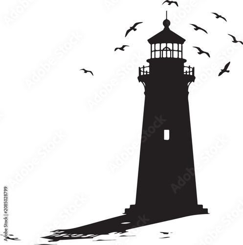 Lighthouse silhouette vector illustration on black background, maritime beacon tower by ocean coast at sunset, symbol of safety, navigation, and coastal landmark