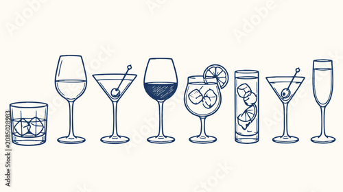 Konstfotografi Line drawing of eight different types of alcoholic beverages with ice and garnis