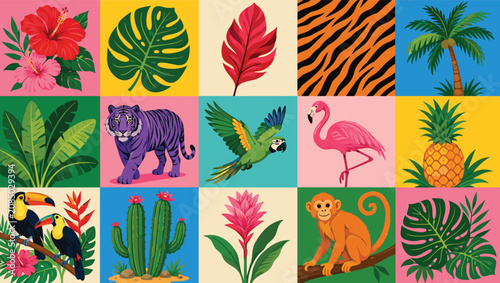 Canvas Print Vibrant tropical illustrations of animals and plants in colorful squares collage
