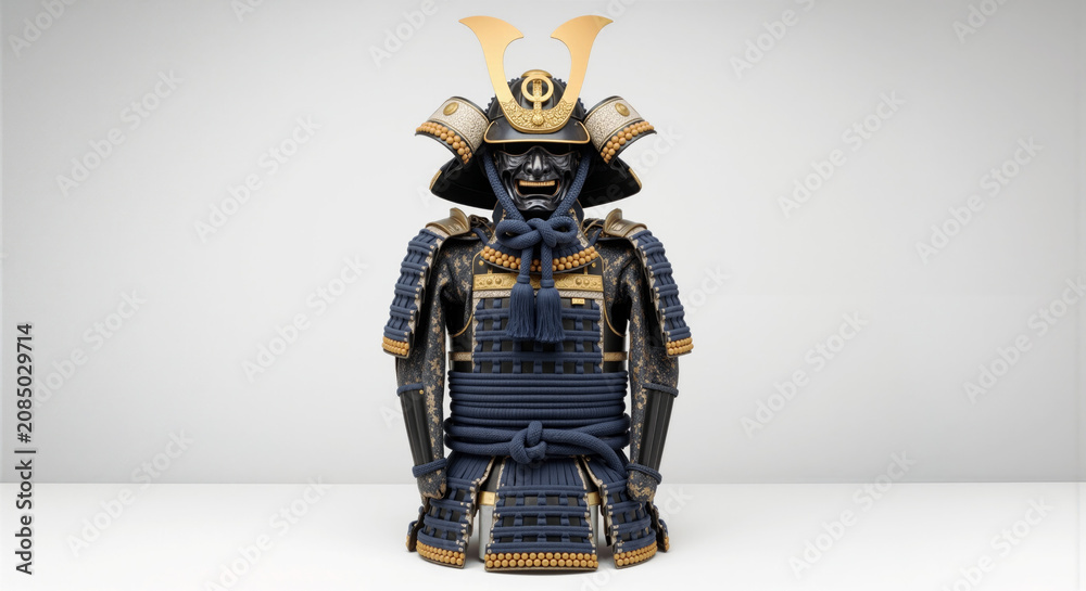 Obraz premium A Lego samurai warrior figure in black and gold armor and helmet with a dramatic crest on top symbolizing honor and courage in Japanese culture and history.