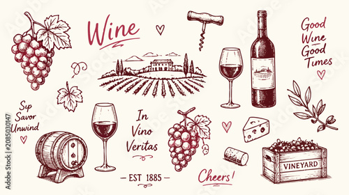 Wine and vineyard related illustrations with glasses bottles and grapes on cream background