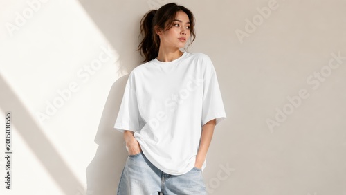 Young Woman Wearing Oversized White T-shirt Mockup in Minimal Studio 2