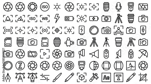 Bild auf Leinwand Photography icons arranged in a grid display various camera settings, equipment, and editing tools for digital design projects
