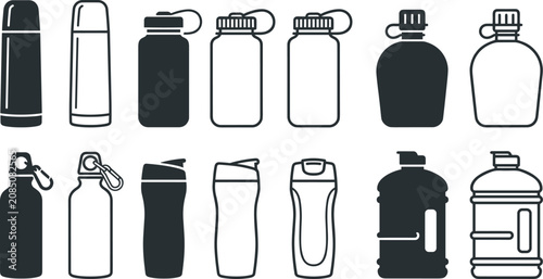 Canvastavla Reusable water bottle icon set featuring travel thermos flasks sports shakers military canteens sport water containers and fitness gallon jugs vector collection