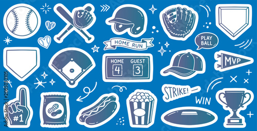 Photography Collection of baseball-themed doodle stickers on a blue background, including equipment, food, and awards