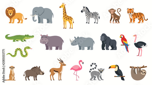 Tableau sur toile Animals including a lion, elephant, giraffe, zebra, monkey, tiger, crocodile, hippo, rhino, gorilla, parrot, ostrich, snake, meerkat, boar, antelope, flamingo, lemur, toucan, and sloth appear