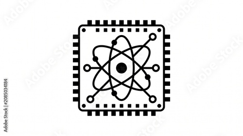 Quantum Processor Chip Icon with Atomic Symbol, Advanced Computing Technology Line Vector, Artificial Intelligence Hardware Outline Illustration, Isolated on White Background for Mobile App and UI Des