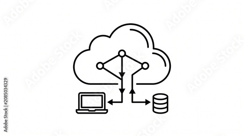 Cloud Computing Network Line Icon with Connected Devices and Database, Modern Data Synchronization Technology, Minimalist Outline Vector Illustration Isolated on White Background for Web, UI and Print