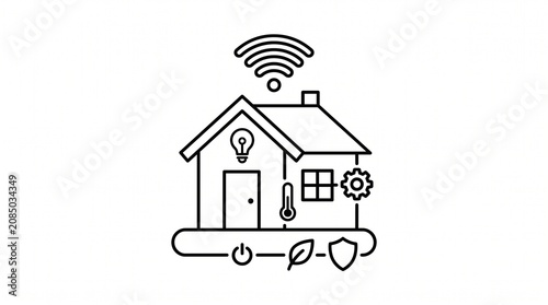Smart Home Icon with WiFi Signal, Connected House Technology Line Vector, Wireless Home Automation Symbol, Internet of Things, Modern Smart Building Outline, Isolated on White Background for UI, App a