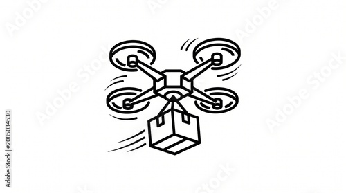 Minimalist Drone Delivering Package Line Icon, Autonomous UAV Parcel Shipping, Smart Aerial Logistics Service, Modern Outline Vector Illustration Isolated on White Background for Web, Mobile App, UI a