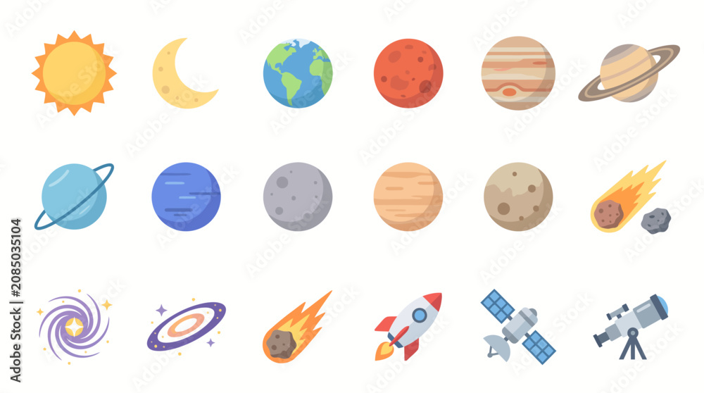 Obraz premium Space elements featuring planets and celestial bodies are arranged as a set of flat vector icons.