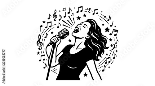 Принти на полотні Female singer performing with microphone and musical notes background