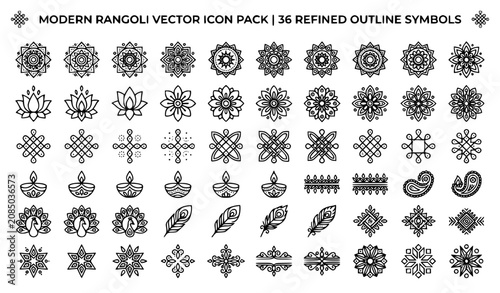 Diwali Diya and Mandala Line Icon Set – Indian Festival Lotus, Peacock, Rangoli Vector Illustration Bundle