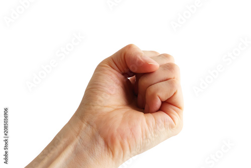 woman's hand making a fist showing grip strength decline isolated on white background