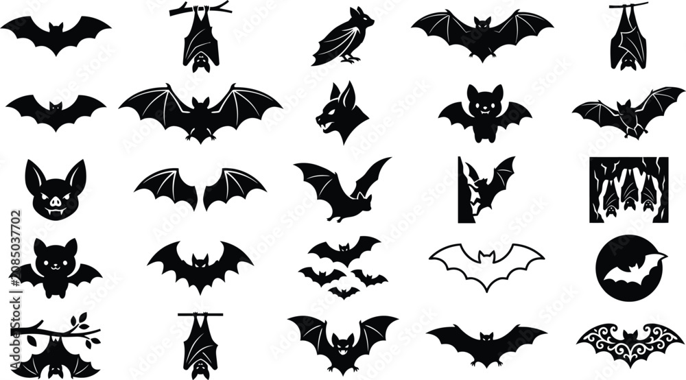 Fototapeta premium Bat Silhouette Icon Set, Spooky Halloween Flying Creature Vector Symbols