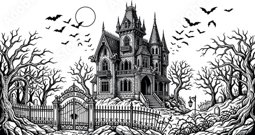 Spooky halloween day illustration detailed haunted house with bats and bare trees