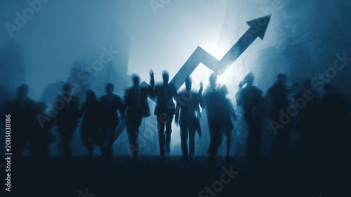 Business professionals celebrating with upward arrow of progress silhouetted teamwork graphic symbolizing achievement corporate growth collaboration success and shared performance milestones