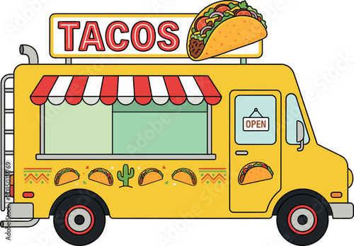 Cute Cartoon Yellow Taco Food Truck with Striped Awning, Cactus, and Open Sign for Mexican Street Food Designs