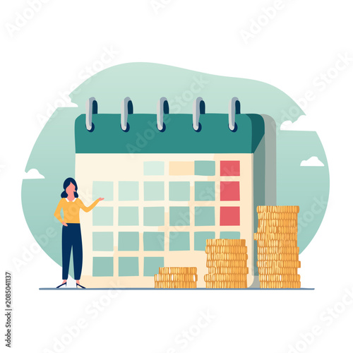 Woman pointing at calendar with coins for savings planning