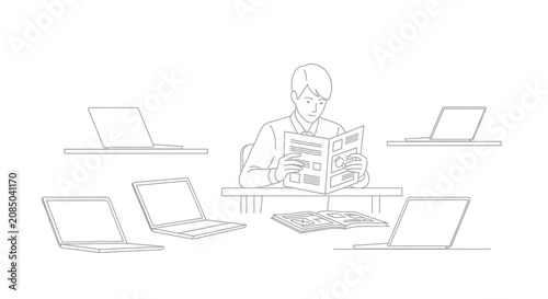 Man reading book surrounded by laptops, symbolizing information overload or multitasking in the digital age