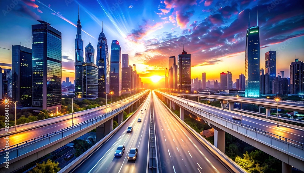 Fototapeta premium A cityscape at sunset with a highway