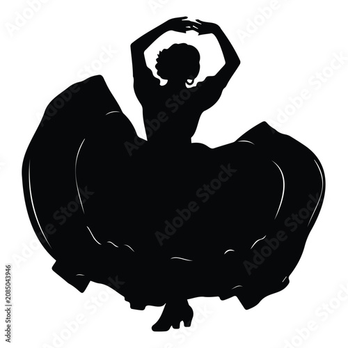 Quadro su tela Traditional mexican woman dancing in wide folkloric skirt silhouette isolated on white art