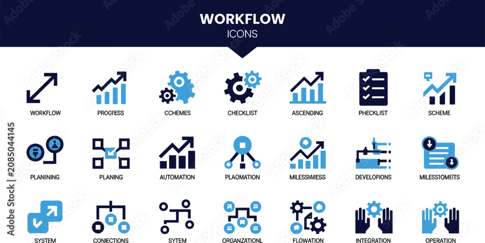 Fototapeta premium Corporate workflow management icons set detailing optimization schemes automation plans data growth charts and company structural organization