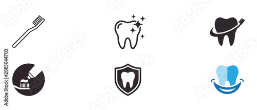 Set of dental icons: toothbrush with toothpaste, sparkling tooth, tooth with toothbrush wrap, tooth on shield, and happy tooth smile for oral hygiene and dental care illustration.