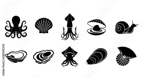 Photos Marine seafood and shellfish silhouette icons collection.