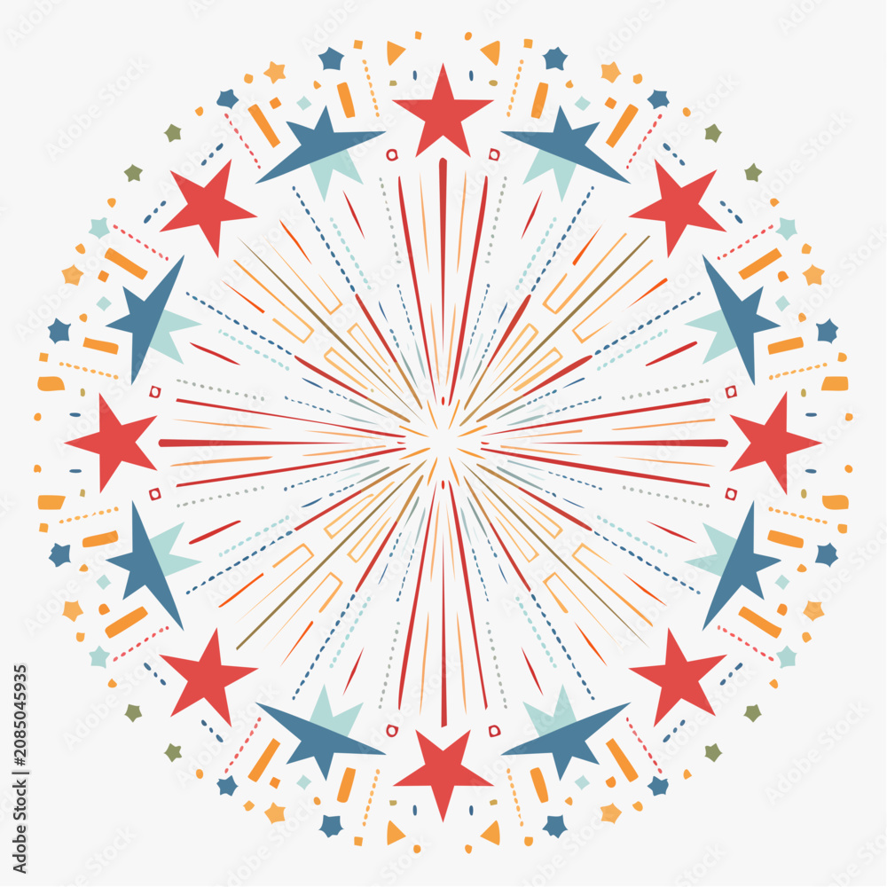 Fototapeta premium Circular Firework Mandala with Stars and Confetti