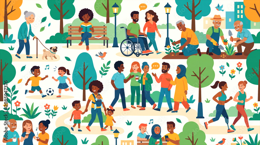 Fototapeta premium Happy Diverse Community Park Day Flat Design Illustration. Multi-Generational People of All Abilities Enjoying Outdoor Activities, Nature, Social Interaction, and a Positive Urban Lifestyle.