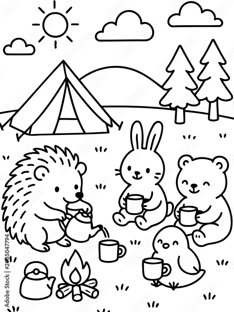 Fototapeta premium Cute Forest Animal Camping Party: A charming cartoon illustration depicts a hedgehog, rabbit, bear, and chick enjoying a camping trip.