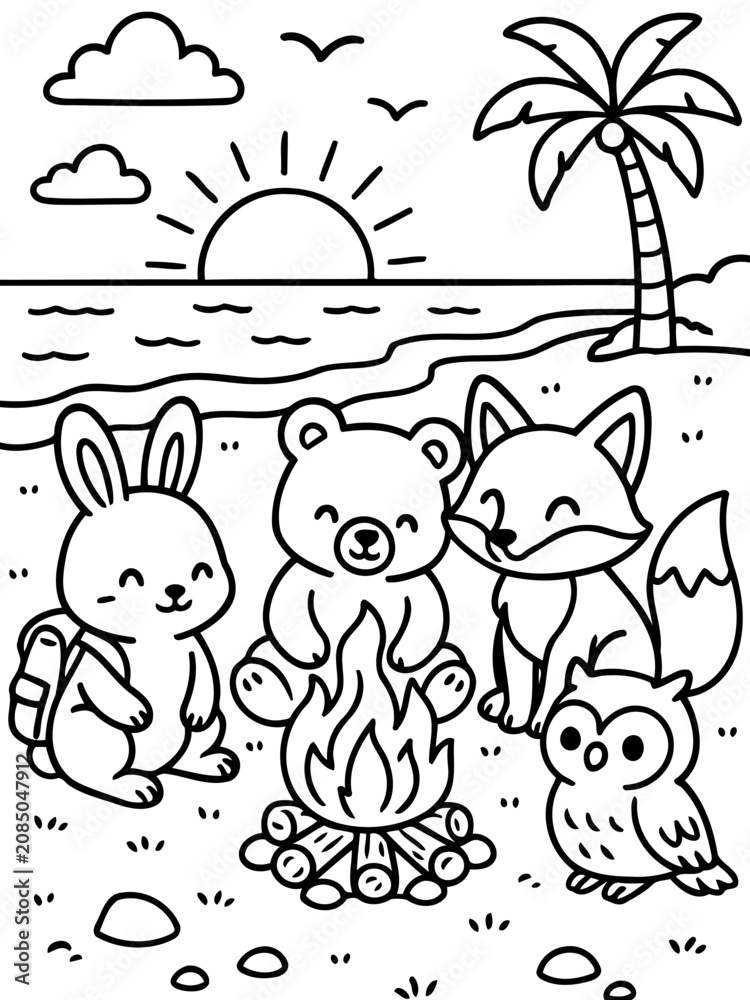 Obraz premium Cute Animal Friends by Campfire: A whimsical black and white illustration depicts a rabbit with a backpack, a bear, a fox, and an owl gathered around a glowing campfire on a beach at sunset.