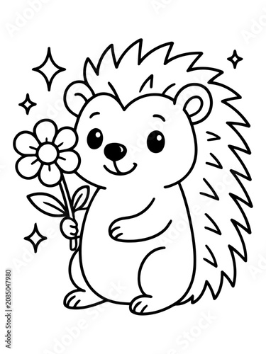 Cute Hedgehog Holding a Flower: A charming black and white illustration of a smiling hedgehog holding a delicate flower, surrounded by sparkling stars.